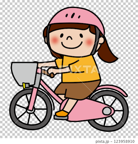 A child (girl) riding a bicycle wearing a helmet 123958910