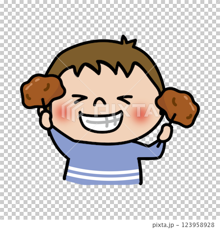 大きな唐揚げを持っている子供（男の子1） 123958928