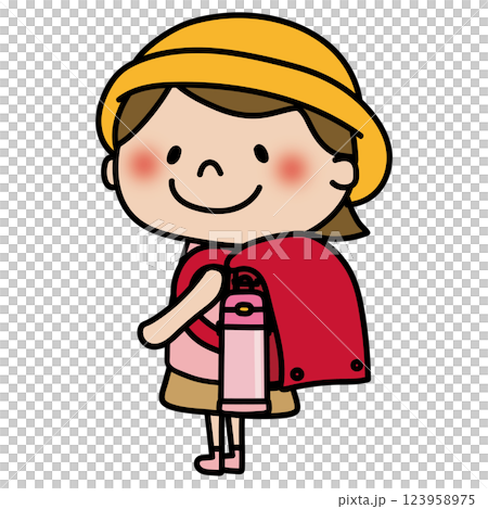 一個孩子（女孩）將水瓶掛在書包上 123958975