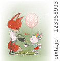 cute fox with white hare drink a coffee 123958993