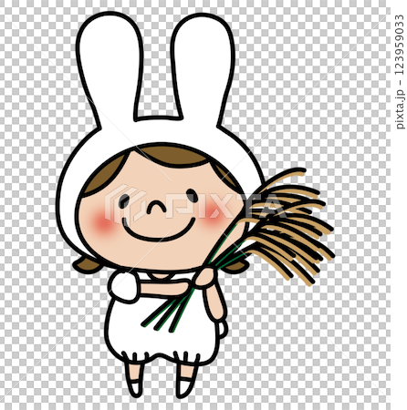ススキを持っている白うさぎの格好をした子供(女の子) ススキを持っている白うさぎの格好をした子供(女の子) 123959033