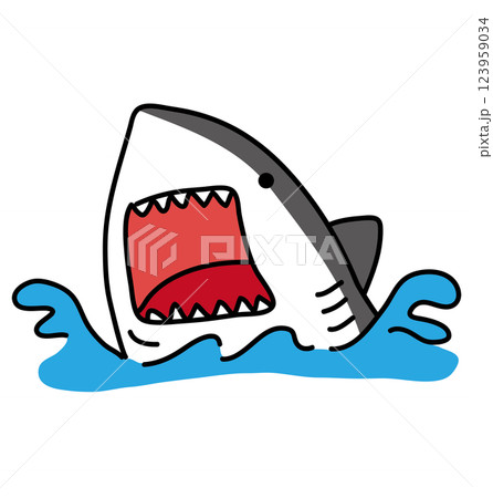 海から顔を出して大きく口を開けているサメ 123959034