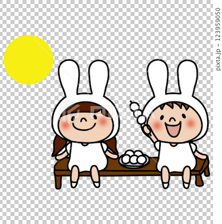 白うさぎの格好をしてお月見をする子供 白うさぎの格好をしてお月見をする子供 123959050