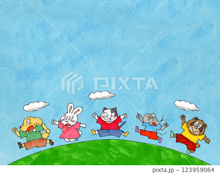 ジャンプする動物のキャラクター(ネコ、イヌ、ネズミ、ウサギ、タヌキ) コピースペース(青空) ジャンプする動物のキャラクター(ネコ、イヌ、ネズミ、ウサギ、タヌキ) コピースペース(青空) 123959064
