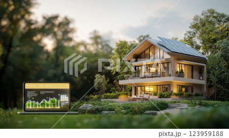 modern eco friendly house with solar panels and laptop displaying data 123959188