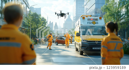 Futuristic emergency response hub with drone and rescue team in city 123959189