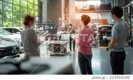 Innovative team analyzing data in modern automotive workshop 123959190