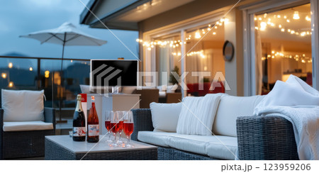 Cozy rooftop party space with drinks, lights, and modern decor 123959206