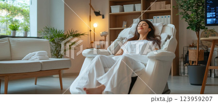 Relaxing woman in modern spa chair, enjoying tranquil atmosphere 123959207