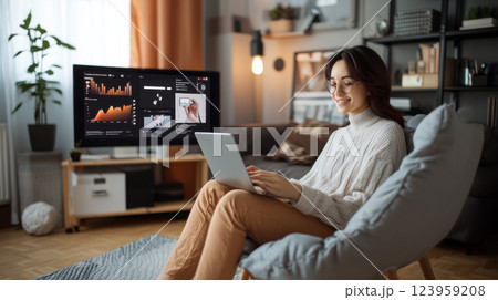 cozy study room with woman using laptop, enjoying adaptive lighting 123959208