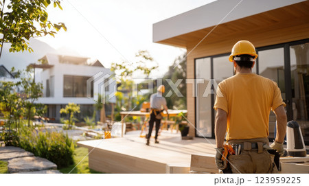 Construction workers installing modular extensions to modern house 123959225