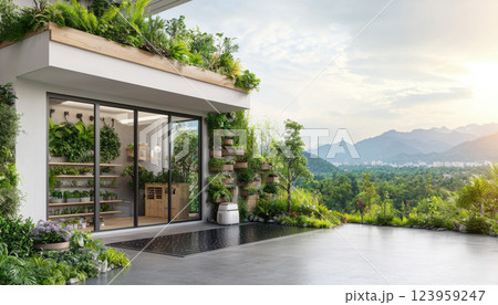 Modern garden terrace with lush greenery and mountain view Modern garden terrace with lush greenery and mountain view 123959247