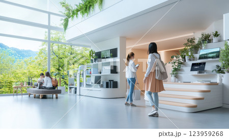 Modern office interior with greenery and collaborative spaces 123959268