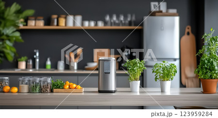 Minimalist kitchen interior with eco friendly appliances and fresh herbs 123959284