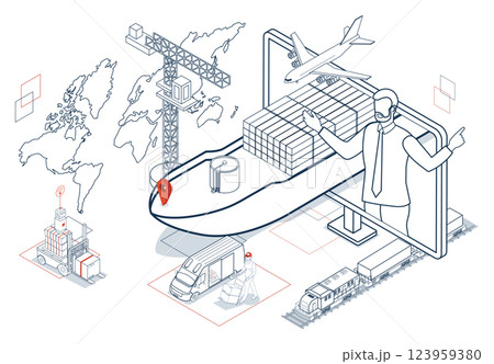 Maritime transport, involving container ships and cargo planes, plays a vital role in global logistics, facilitating seamless import and export activities. 123959380