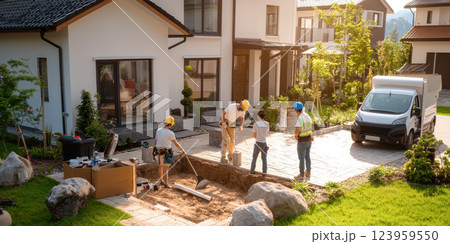 Construction workers collaborating on home renovation project outdoors 123959550