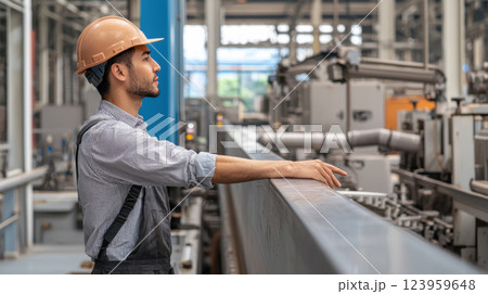 Engineer monitoring machinery in modern industrial setting 123959648