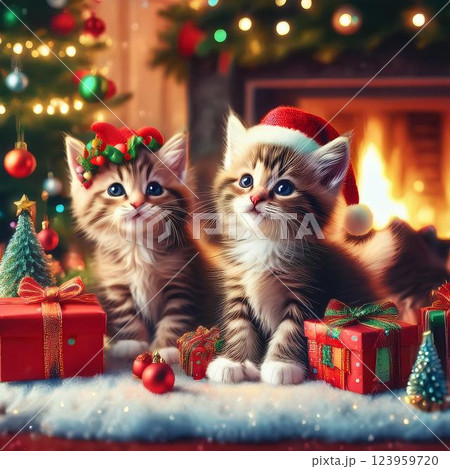 クリスマスツリーとお座りした子猫 123959720
