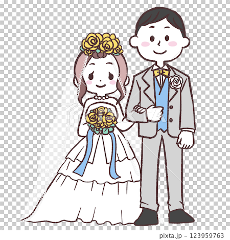 Bride and groom with sheer veils 123959763