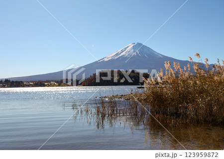 View of landscape fuji mountain in winter at Lake Kawaguchi View of landscape fuji mountain in winter at Lake Kawaguchi 123959872
