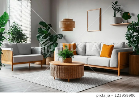 Interior of living room with green houseplants and sofas 123959900