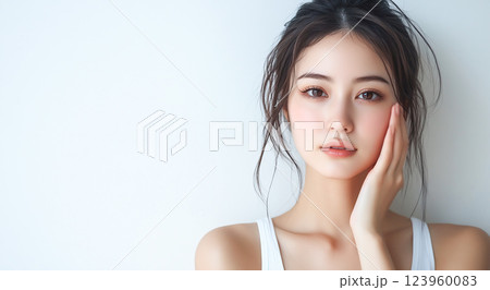 タンクトップの若い女性が顔を触っている。美容イメージ 123960083