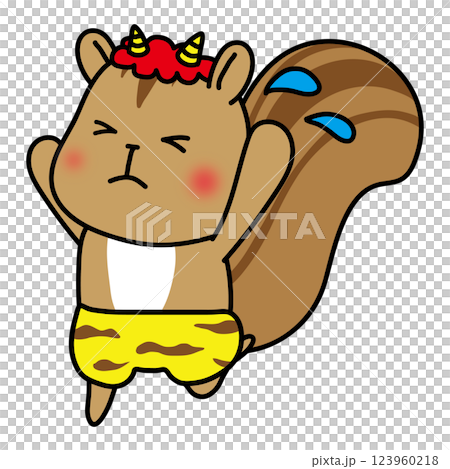 A squirrel dressed as a fleeing red demon 123960218