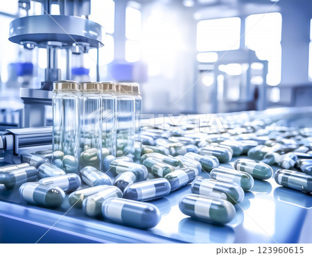 カプセル錠剤の生産工場のイメージ素材 カプセル錠剤の生産工場のイメージ素材 123960615