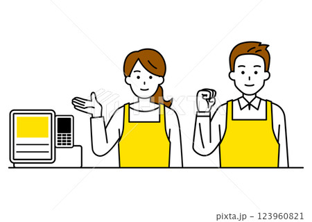 レジカウンターで案内する男女の店員 123960821