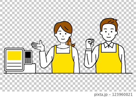 レジカウンターで案内する男女の店員 123960821