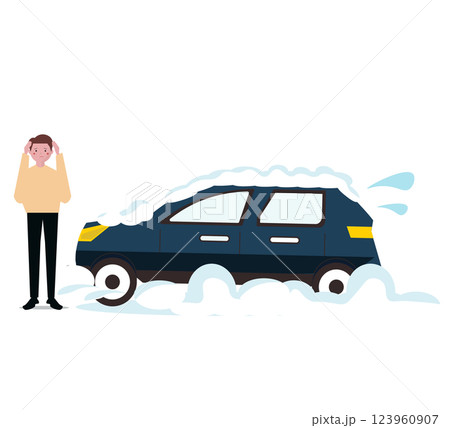 雪道で車がスタックして立往生をする男性。ベクターイラスト 123960907