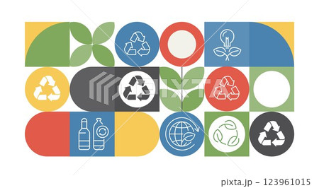 Recycling day. concept for world environment and sustainable development, recycling symbols, bins, plastic bottles, and carbon emission reduction. Illustrated with a green pattern natural shapes. 123961015