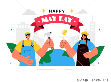 Happy May Day Vector Illustration on May 1st Featuring Various Construction Workers from Different Professions with a Thank You Message to All Workers Happy May Day Vector Illustration on May 1st Featuring Various Construction Workers from Different Professions with a Thank You Message to All Workers 123961161