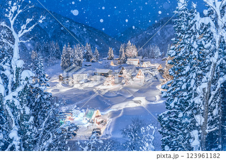 相倉合掌造り集落ライトアップ 雪降る冬の五箇山 相倉合掌造り集落ライトアップ 雪降る冬の五箇山 123961182