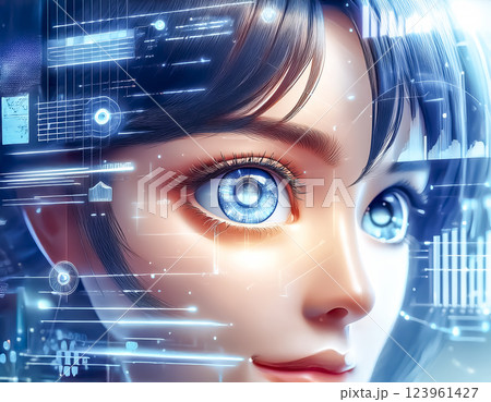 ホログラフィックディスプレイと瞳のアップのイラスト素材 123961427