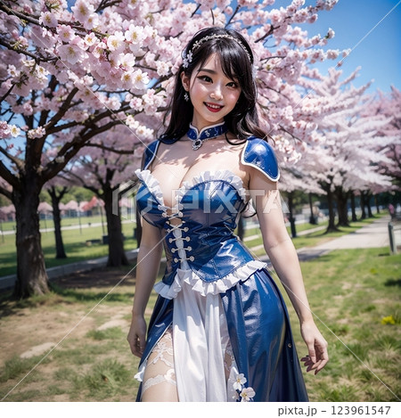 桜の下で記念撮影をする女性 123961547