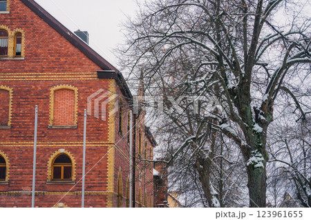 A picturesque snowy road gracefully winding through a charming little village during the magical winter season 123961655