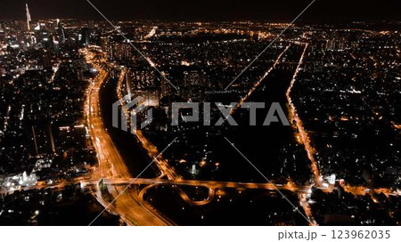 Bitexco and Landmark 81 at Sunset in Ho Chi Minh City with Saigon Bridge and Scenic View 123962035