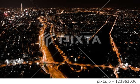 Bitexco and Landmark 81 at Sunset in Ho Chi Minh City with Saigon Bridge and Scenic View 123962036