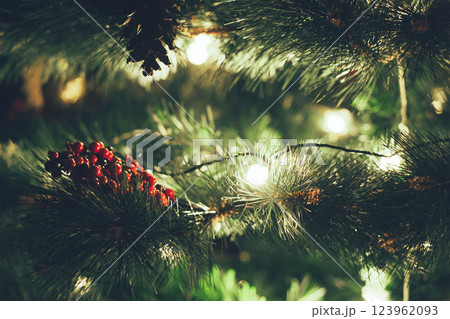 Christmas Tree with Book and Nativity Scene Festive Holiday Decorations and Cozy Seasonal Atmosphere. High quality photo 123962093