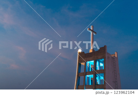 Binh An Church at Sunset with Blue and Pink Sky Creating a Peaceful Atmosphere 123962104