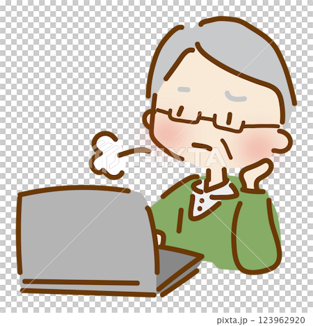 An old man sighing while operating a computer An old man sighing while operating a computer 123962920