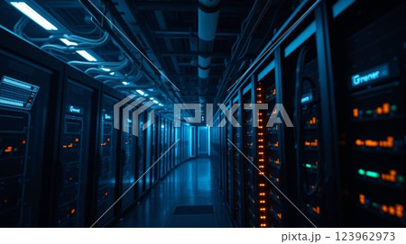 Futuristic Data Center with Glowing LED Server Racks 123962973