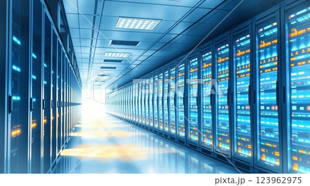 Futuristic Data Center with Glowing LED Server Racks 123962975