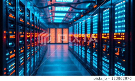 Futuristic Data Center with Glowing LED Server Racks 123962976