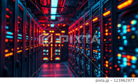 Futuristic Data Center with Glowing LED Server Racks 123962977