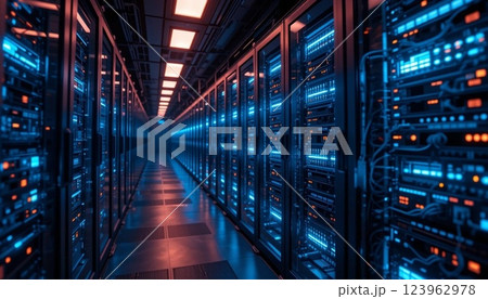 Futuristic Data Center with Glowing LED Server Racks 123962978