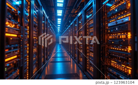 Futuristic Data Center with Glowing LED Server Racks 123963104