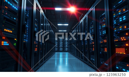 Futuristic Data Center with Glowing LED Server Racks 123963250