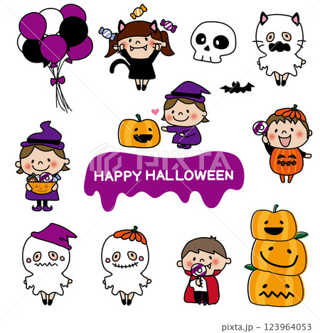 ハロウィンで仮装する子供たちセット1 123964053